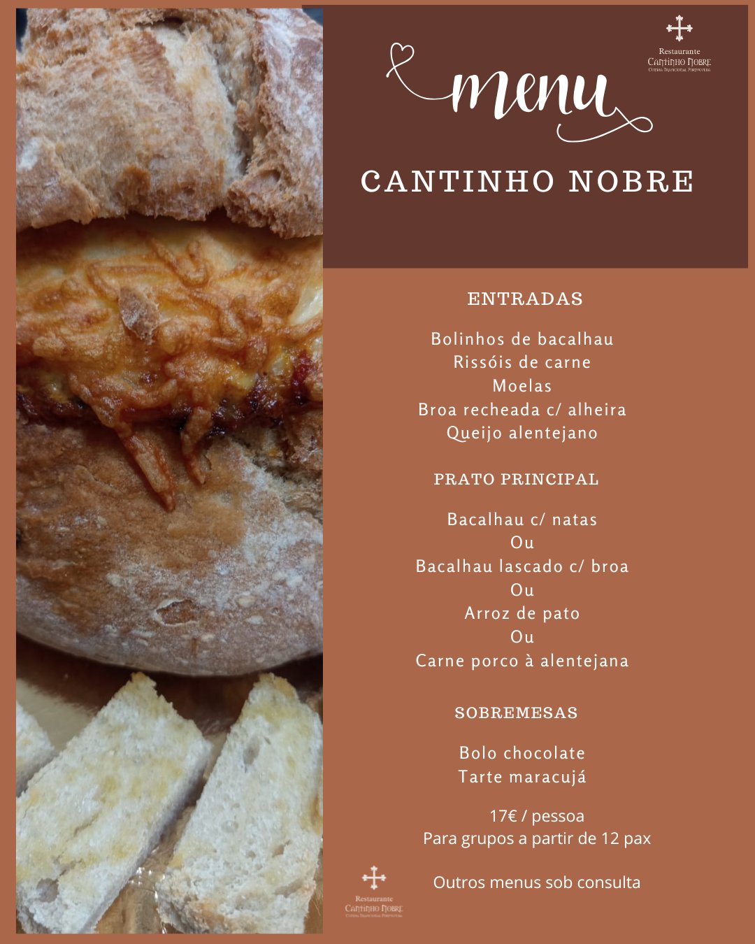 Menu Cantinho Nobre: entradas, prato principal e sobremesas, 17 euros por pessoa